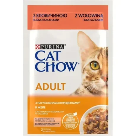 Purina Cat Chow. Hrană umedă pentru pisici cu vită și vinete. 85 g.