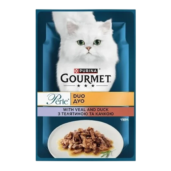 Purina Gourmet Perle. Влажный корм для взрослых кошек с телятиной и уткой. 85 г