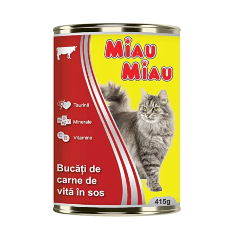 MIAU MIAU. Hrană umedă pentru pisici adulte cu carne de vită. 415 g.