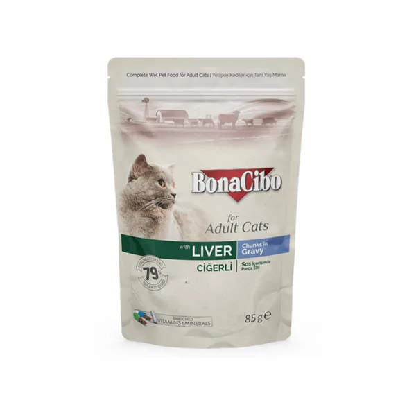 BonaCibo. Hrană umedă pentru Pisici adulte cu Ficat. 85 g.