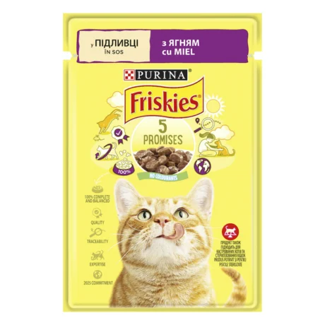 Purina Friskies. Hrană umedă pentru pisici adulte cu miel. 85 g.