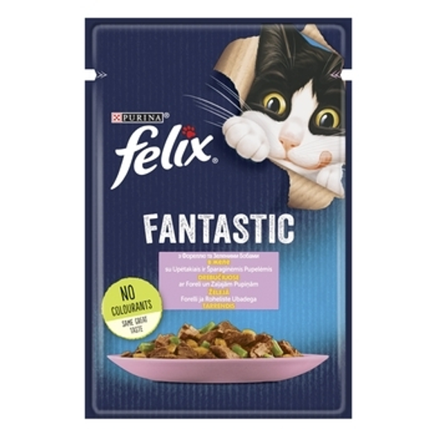 Purina Felix. Влажный корм для взрослых кошек с форелью и зелеными бобами. 85 г.
