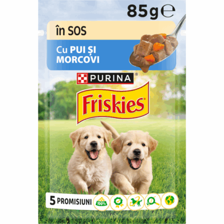 Purina Friskies. Hrană umedă pentru cățeluși cu pui și morcov. 85 g.
