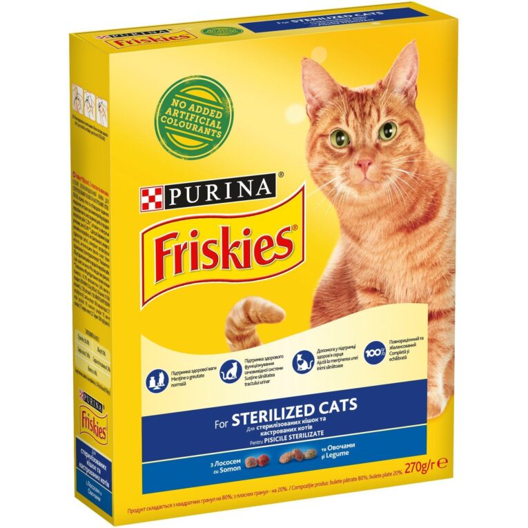 Friskies. Сухой корм для стерилизованных котов с лососем и овощами. 270 г.
