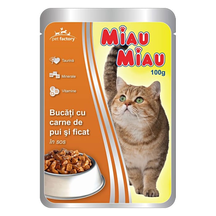 Miau Miau. Влажный корм для взрослых кошек с курицей и печенью. 100 г.