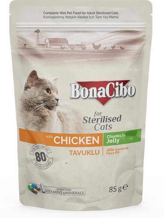 Bonacibo. Влажный корм для стерилизованных кошек с курицей. 85 г.