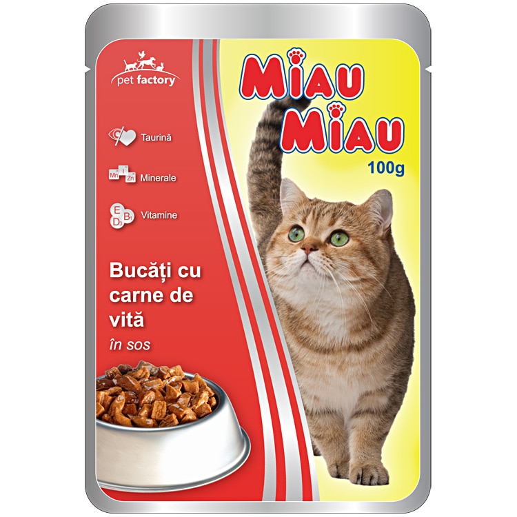MIAU MIAU. Влажный корм для взрослых кошек с говядиной. 100 г.