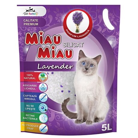 Miau Miau. Așternut pentru litieră cu silicat de gel pentru toaletele pisicilor. Lavandă. 5 l.