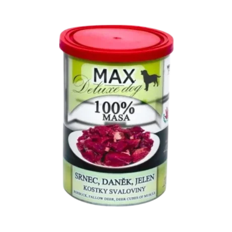 Falco MAX Deluxe. Amestec de hrană la conservă pentru câini cu bucăți de carne de cerb, 400 g